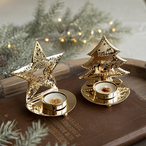 Gold Hollow Christmas Tealight Candle Holder Metal Iron Tree Star Butterfly Shape Table Desktop Festive Party Decor