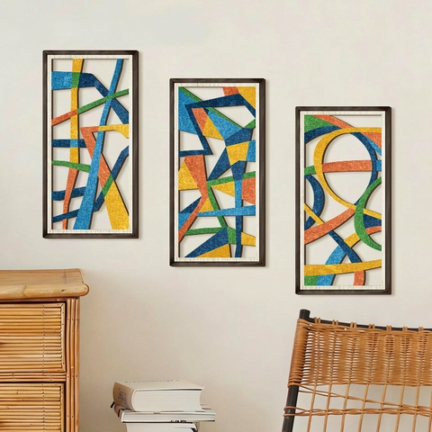 Poplar Wood Abstract Geometric Wall Art Decor Hollow Out Colorful Lines Farmhouse Style Hanging Ornament Panels