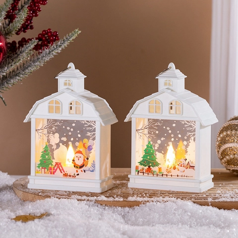 Christmas LED Lantern Retro Handheld Night Light Ornament Hanging Decoration Plastic Glass Santa Snowman Pattern Warm Glow