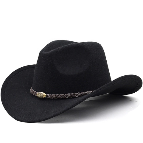 Western Cowboy Hat Wool Felt Wide Brim With Braided Band Metal Bull Head Retro Outdoor Riding Sun Protection For Men Women