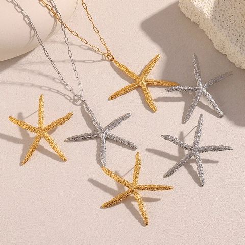 Collar Y Pendientes De Estrella De Mar Martillada Acero Inoxidable Chapado En Oro De 18K Joyería Para Mujeres