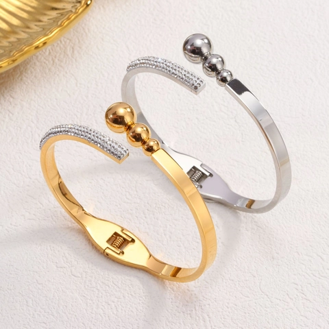 Fashion Stainless Steel Open Bangle With Rhinestone And Metal Beads Elegant Hinged Bracelet For Women Commuter Jewelry