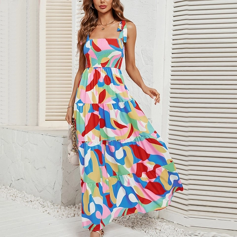 Abito Maxi Stampa Astratta Con Spalline Sottili Spalle Annodate Balze Corpetto Arricciato Boho Estate Per Donne