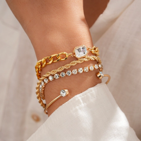 Bracciale In Lega Tonalità Oro Con Strass A Strati Corda Intrecciata Catena Cubana Pietra Quadrata Braccialetto Tennis Gioielli Donna