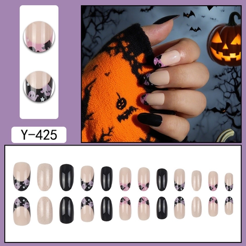 Halloween Fantôme Press On Nails Oval Noir Style Français Étoiles Motif Ongles Artificiels Manucure Élégante Pour Femmes