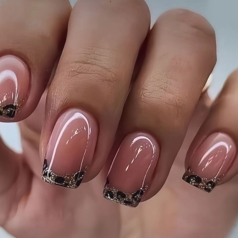 Unghie Finte Leopard Print French Tip Press On Nails Quadrate Tonde Lucide Con Glitter Chic Per Donne