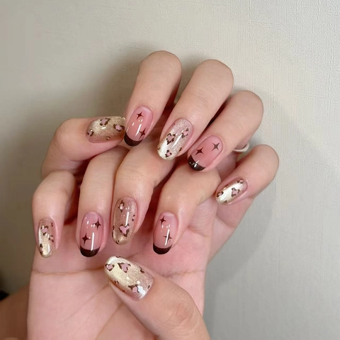 Rosa Leopardenmuster Künstliche Nägel Herzmuster Cat Eye Oval Französische Maniküre Mit Kleber