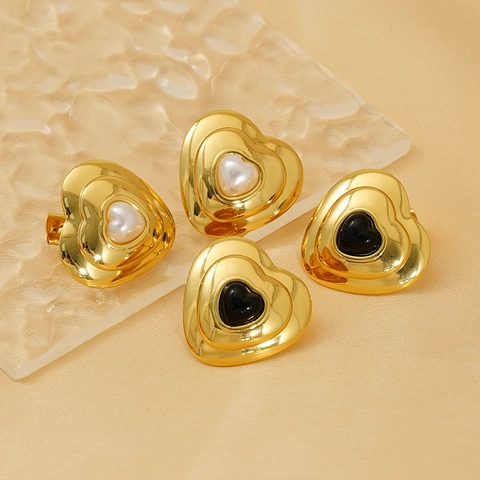 Heart Triangle Stud Earrings 18K Gold Plated Stainless Steel With Resin Rhinestone Vintage French INS Style For Women