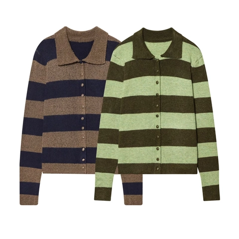 Women Striped Knitted Cardigan Sweater Long Sleeve Polo Collar Color Block Vintage Button Down Soft Casual Tops