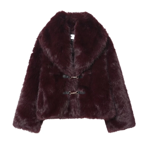 Abrigo De Piel Sintética Para Mujer Chaqueta Corta Color Vino Solapa Grande Hebillas Metálicas Cálido Otoño Invierno