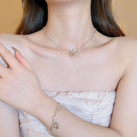Zircon Heart Bow Hematite Beaded Chain Imitation Artificial Pearl Necklace Bracelet Sweet Elegant Aesthetic Jewelry For Women