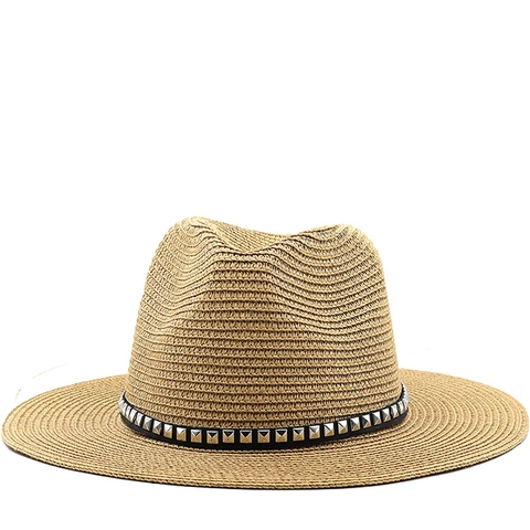 Fedora Straw Sun Hat Woven Wide Brim With Rivet Band Breathable Summer Beach Western Cowboy Style For Men Women Kids