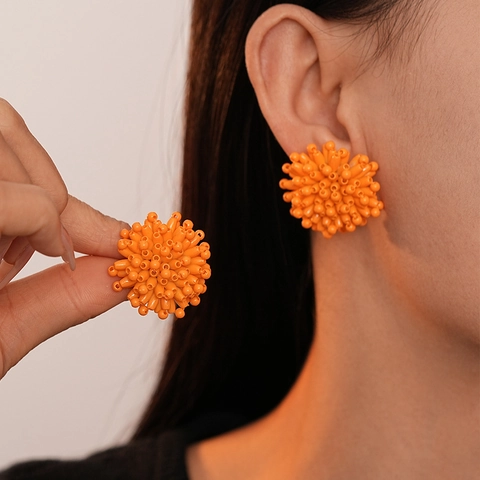 Vibrant Orange Flower Beaded Stud Earrings With Silver Earring Post Alloy 3D Fashion Jewelry For Women