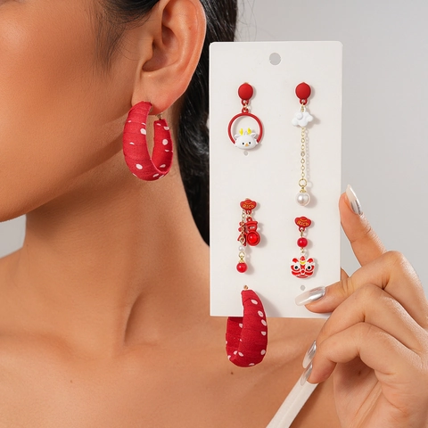 Pendientes Asimétricos Estilo Chino Con Poste De Plata De Ley 925 Perla Artificial De Imitación Tela León Conejo Lunares Rojos