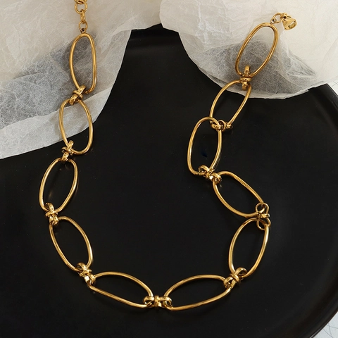 Conjunto Collar Pulsera Pendientes Cadena Eslabones Geométrica Retro Mujer Acero Titanio Chapado Oro 18K Joyas Moda