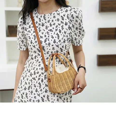 Sac Bandoulière En Paille Tressée Avec Poignée En Cuir Et Poche Intérieure À Cordon Style Vacances Pour Femmes