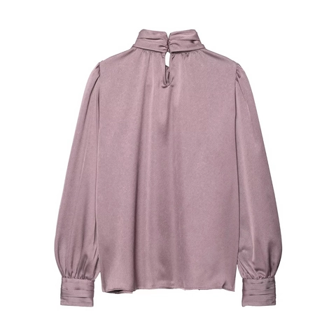 Blusa Satén Mujer Manga Larga Lazo Cuello Alto Elegante Oficina Top Color Sólido
