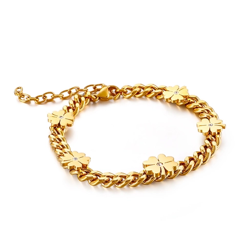 Bracciale Quadrifoglio Acciaio Inossidabile Zircone Fiore Catena Cubana Gioielli Regolabili Donna