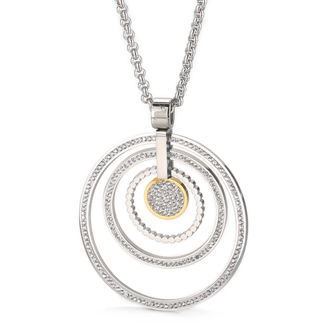 Collana Da Donna In Acciaio Al Titanio Bicolore Pendente Cerchi Concentrici Strass Catena Maglione Lusso