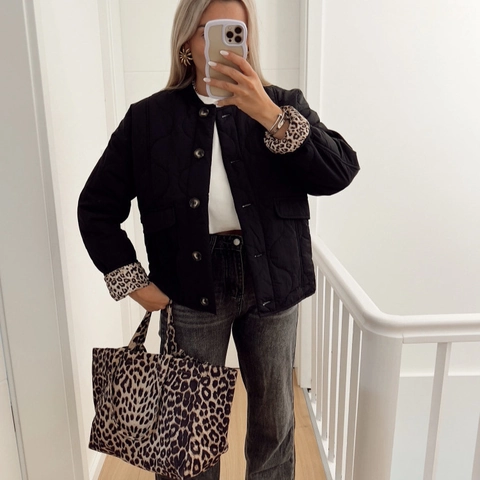 Veste Matelassée Femmes Doublure Léopard Col Rond Vintage Simple Boutonnage Manteau Rembourré Décontracté