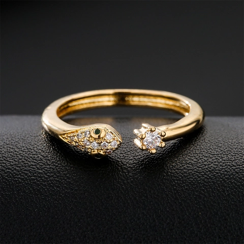 Schlange Offener Ring 18K Vergoldetes Kupfer Zirkonia Verstellbar Tierdesign Trendiger Schmuck Für Damen