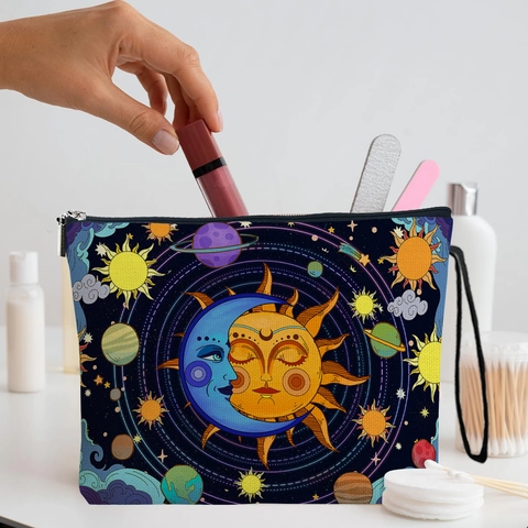 Celestial Sun Moon Cosmetic Bag Linen Zipper Makeup Pouch Hand Strap Bohemian Astrology Travel Toiletry Storage Women