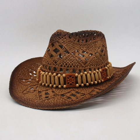 Chapeau de Cowboy en Paille d'Été pour Femmes Tissage Ajouré Large Bord Chapeau de Soleil Avec Perles en Bois Dégradé Respirant Plage