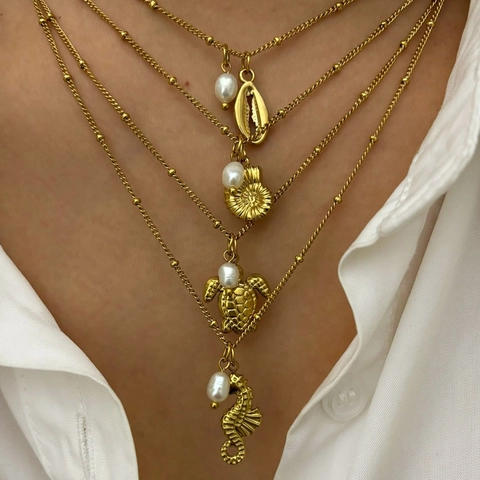Collana con Ciondolo Elemento Oceano in Acciaio Inossidabile Con Perla Naturale d'Acqua Dolce Stella Marina Conchiglia Tartaruga Cavalluccio Marino Gioielli Donna