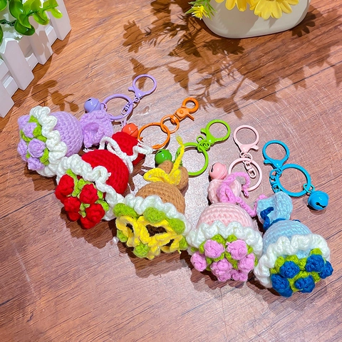 Portachiavi Bouquet Di Fiori All'Uncinetto Fatto A Mano Rosa Girasole Ciondolo Per Borsa Con Campanellino Regalo