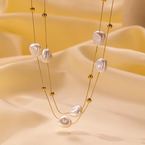 French Artificial Baroque Pearl Double Layer Necklace Stainless Steel Gold Plated Bead Chain Minimalist Retro Jewelry For Women