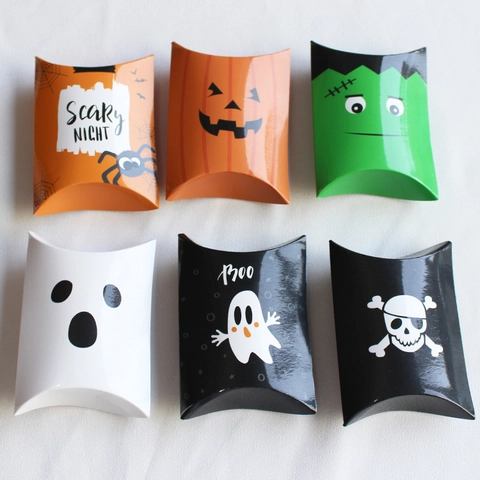 Halloween Candy Gift Boxes Pillow Shaped Paper Packaging Cartoon Ghost Pumpkin Spider Patterns For Party Favor Treats