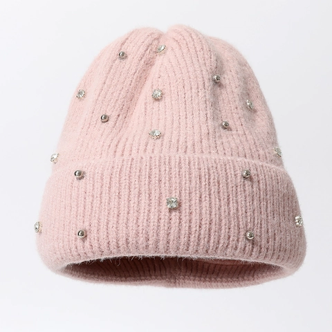 Knitted Beanie Hat Shimmering Rhinestone Metal Bead Decor Warm Thickened Solid Color Outdoor Winter Fashion For Women