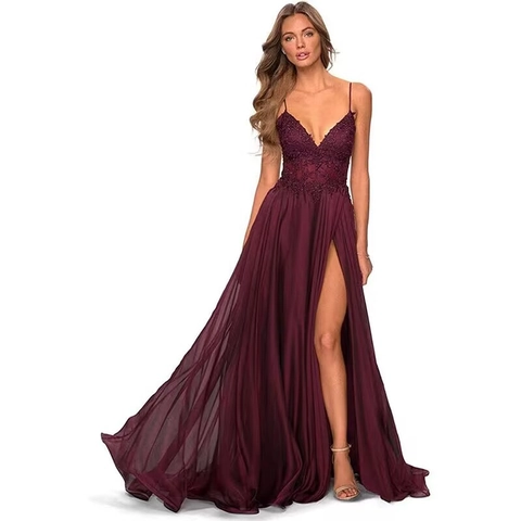 Lace Applique Chiffon Evening Gown High Slit Spaghetti Strap V Neck Sleeveless Formal Polyester Prom Dress For Women