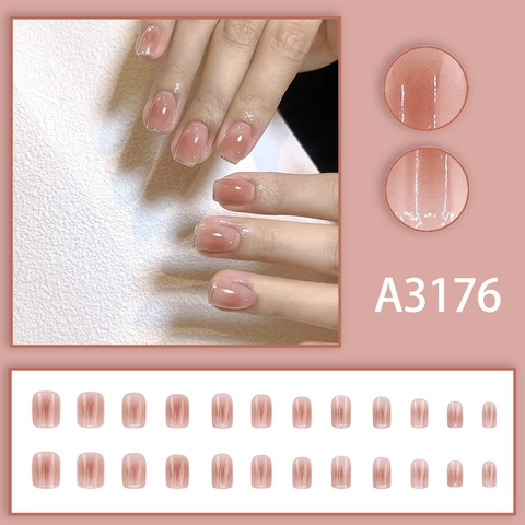 Short Square Press On Nails Nude Pink Gradient Blush Style Silver Glitter Tips French Design Glossy Jelly Texture For Women