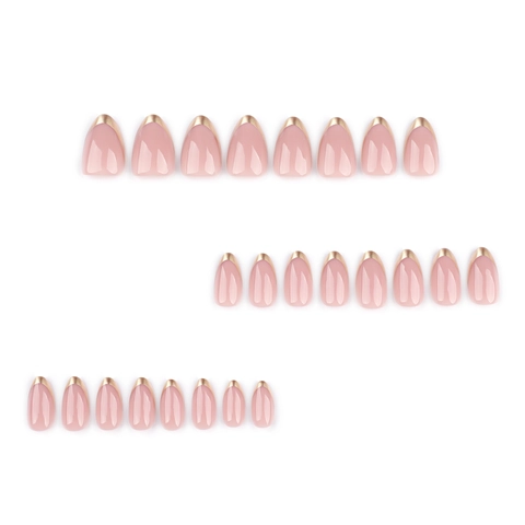 Unghie Finte Press On French Tip Rosa Nude Mandorla Con Bordo A Specchio Dorato Per Donna Manicure Rimovibile