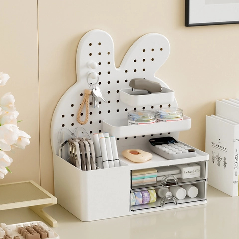Rabbit Desktop Organizer Pegboard Storage Rack With Drawers Hooks Plastic Stationery Makeup Office Study Decor White