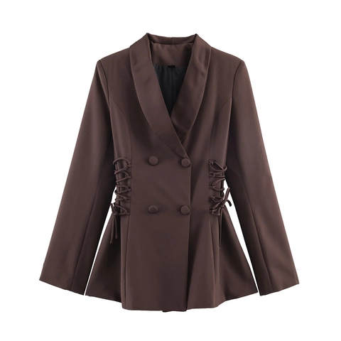 Dames Casual Polyester Blazer Jas Streetwear Patchwork Vetersluiting Double Breasted Lange Mouwen Koffiebruin
