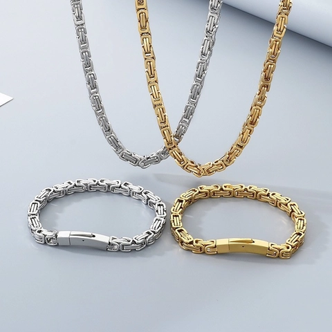 Byzantine Chain Jewelry Stainless Steel King Chain Necklace And Bracelet For Men Punk Style Gold Silver Color