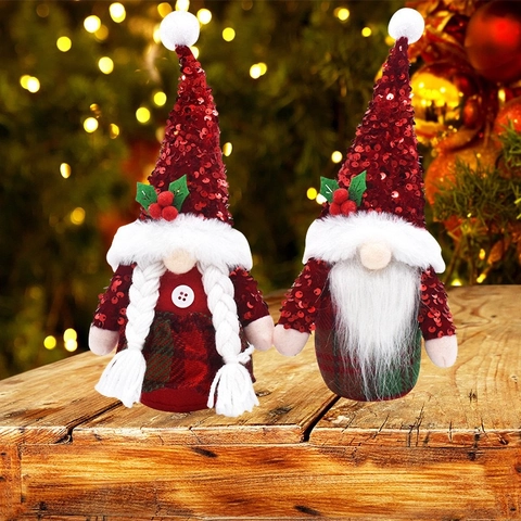 Rote Paillettenhut Weihnachtsgnom Plüschpuppe Gesichtslose Weihnachtsmann Gnom Ornament Mit Weißem Bart Zöpfen Karo Kleidung Deko
