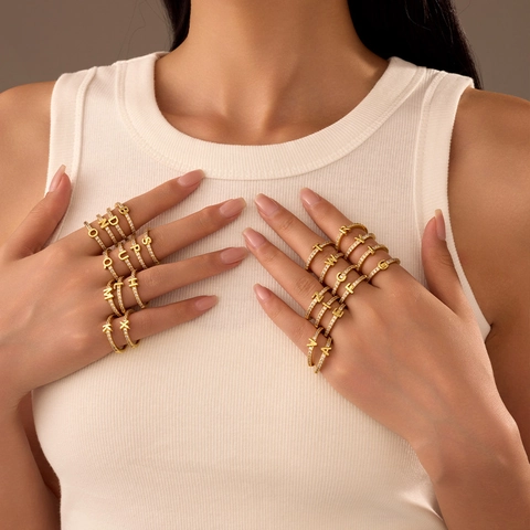 Zirkon Anfangsbuchstabe Offener Ring Für Damen Kupfer 14K Vergoldet 26 Alphabet Verstellbarer Zeigefinger Ring Schmuck Geschenk