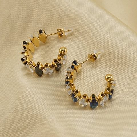 C Shape Hoop Earrings 18K Gold Plated Stainless Steel Inlaid Zircon Geometric Trendy Vintage Jewelry For Women