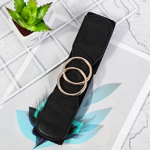 Damen Mode PU Leder Elastikgürtel Mit Doppeltem O-Ring Legierung Verschluss Breiter Taillengürtel Für Kleider Mäntel