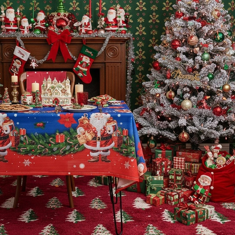Merry Christmas Tablecloth Rectangular Santa Claus Reindeer Snowflake Printed Festive Table Cover For Home Dining Party Decor Polyester