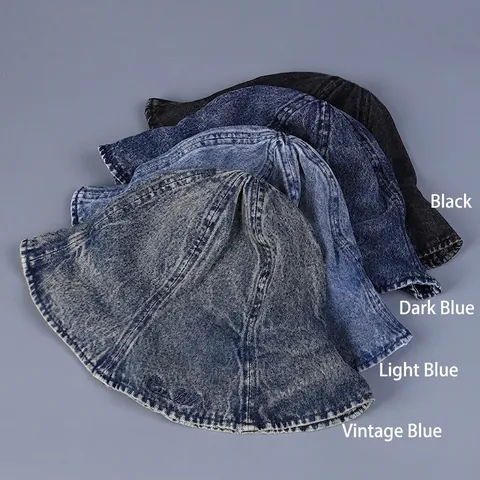 Denim Fisherman Hat Women Ruffle Edge Washed Cotton Sun Protection Vintage Casual Streetwear Bucket Cap