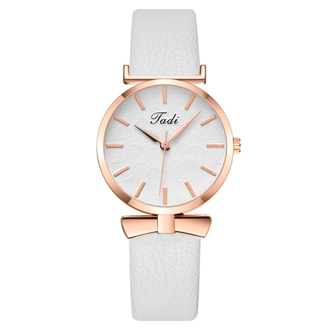 Women Quartz Watch Faux Leather Strap Alloy Case Bowknot Decor Leaf Pattern Embossed Dial Elegant Fashion Wristwatch