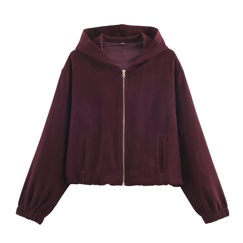 Women Hooded Jacket Faux Suede Zip Up Long Sleeve Short Casual Retro French Style Solid Color Coat