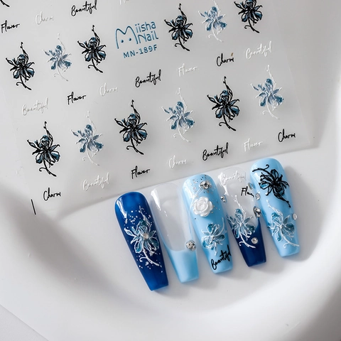 Autocollants Nail Art En Relief 3D Fleurs Bleues Décalcomanies Adhésives Décoration Manucure DIY Floral Lettrage