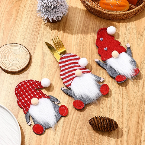 Christmas Gnome Cutlery Holder Non-Woven Fabric Knit Faux Fur Faceless Old Man Flatware Pouch For Table Festive Decoration