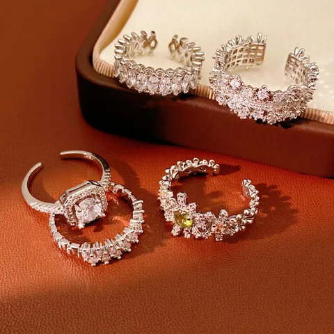 Zircon Flower Round Hollow Adjustable Rings Copper Silver Color Luxury Exquisite Hand Jewelry