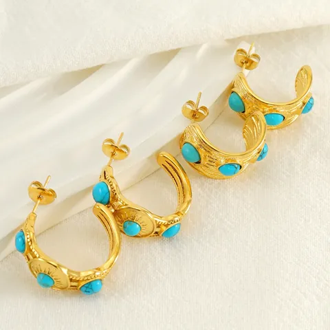 Vintage Boho C-Förmige Creolen Ohrstecker Mit Vergoldetem Edelstahl Und Blauem Türkis Sonnenmuster Texturiert